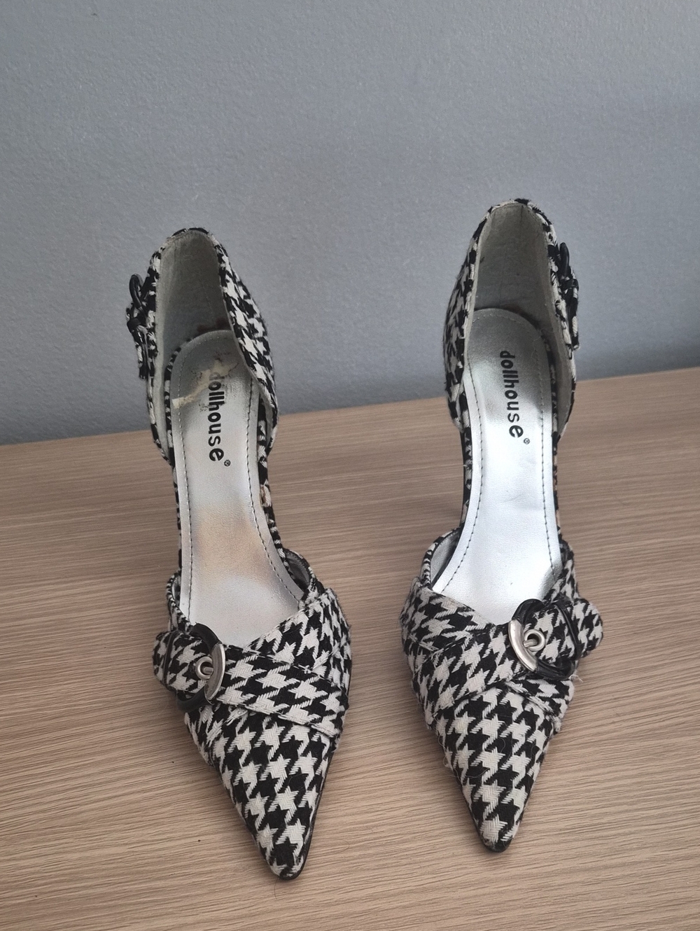 Dollhouse Black and White Houndstooth Pointed Toe Heels with Buckle
